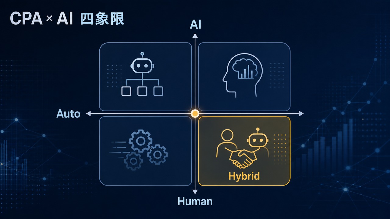 深蓝色 CPA 与 AI 四象限框架图，标注 AI Human Auto Hybrid 并高亮 Hybrid