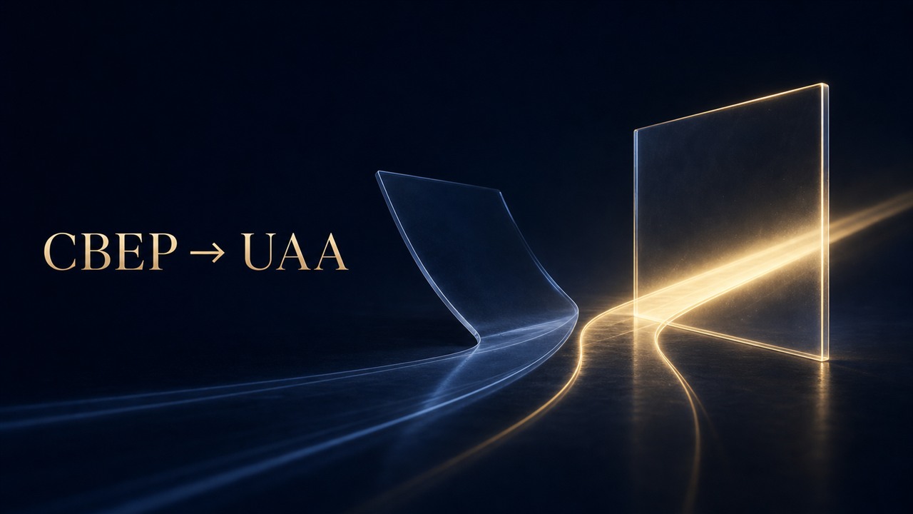 深蓝色 CBEP 到 UAA 决策封面，玻璃决策板和金色光束标注 CBEP → UAA
