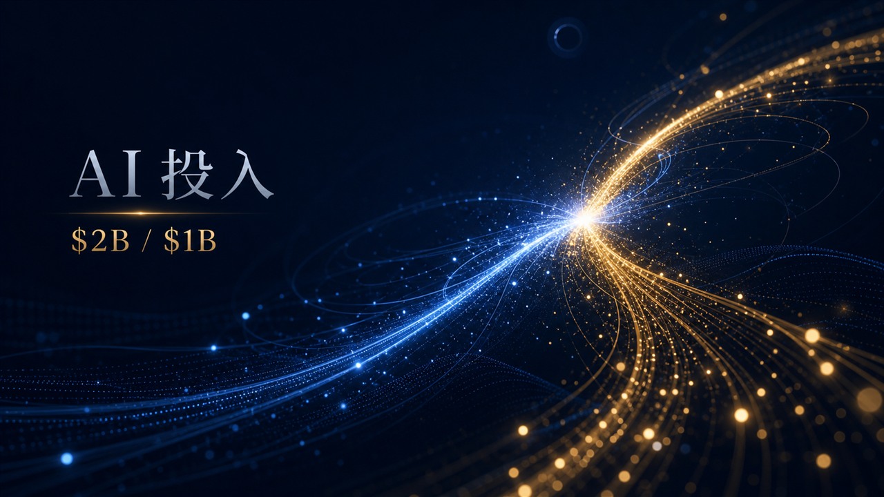 深蓝色 AI 投入封面，蓝金粒子能量场标注 AI 投入与 $2B / $1B 投入量级