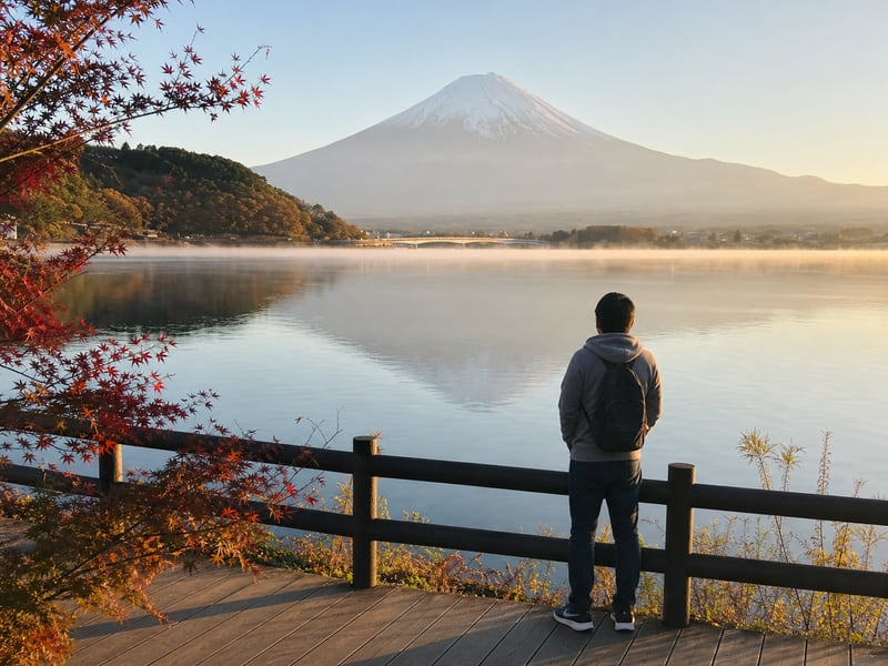 何同学日本河口湖晨光中富士山倒影背影：湖边远眺旅行剪影