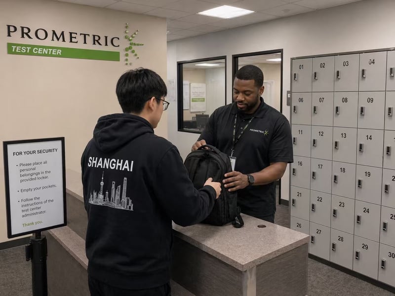 李同学北美 Prometric 考场前台办理 check-in，SHANGHAI 卫衣海外华人考生身份